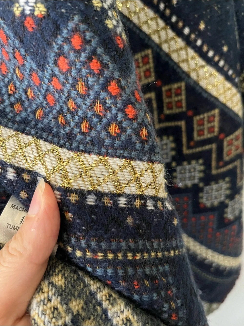 Lovestitch Navy Blue & White Aztec Knit Fringe Poncho Scarf Women's O/S